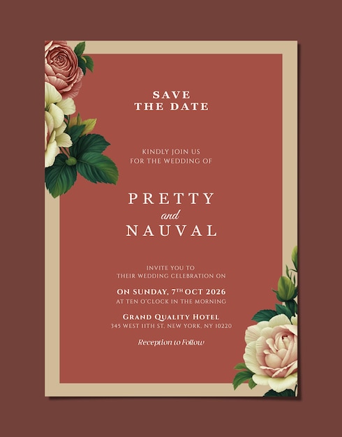 red wedding invitation card template with flowers