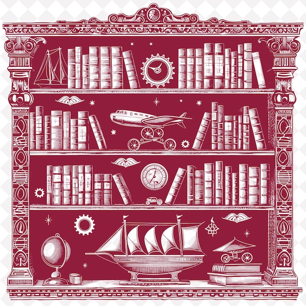 a red and white book shelf with many books on it