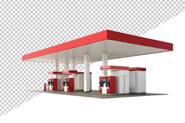 PSD a red and white gas station with a red roof and a red and white sign on it