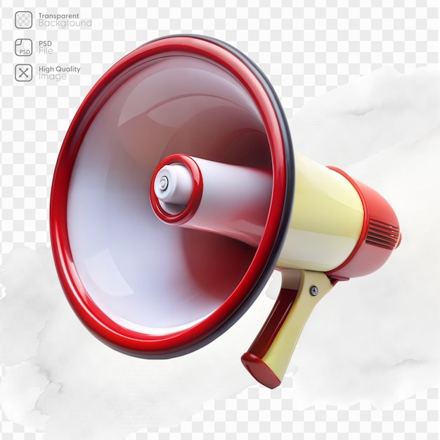 PSD red and white megaphone on transparent background for announcements