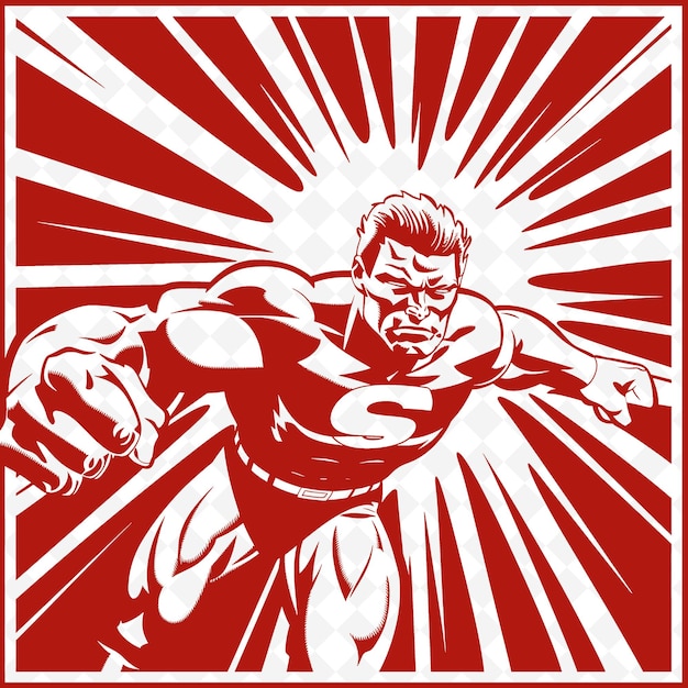 a red and white poster of a super hero with a red background