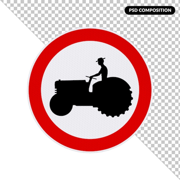 A red and white sign with a silhouette of a man riding a tractor.