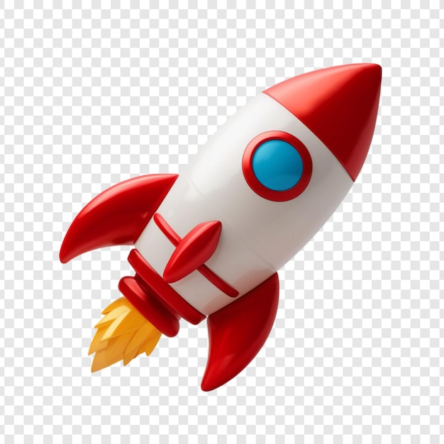 a red and white toy rocket with a blue and red circle on the bottom