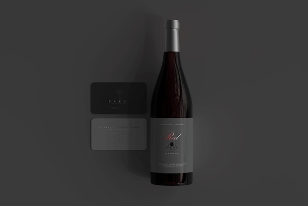 Red Wine Bottle with Business Cards Mockup