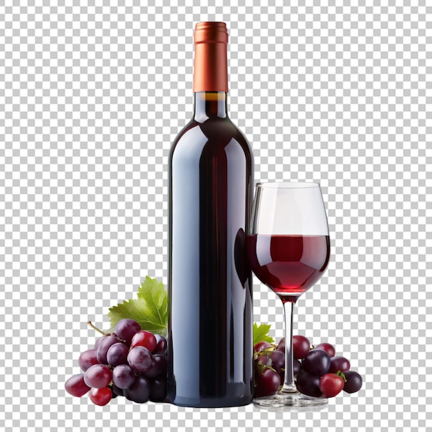 Red wine bottle with wine grapes isolated on transparent background