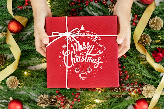 PSD red wrapped christmas present mockup