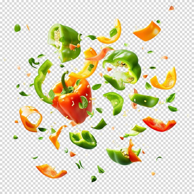 Red Yellow and Green paprika levitates on a transparent background