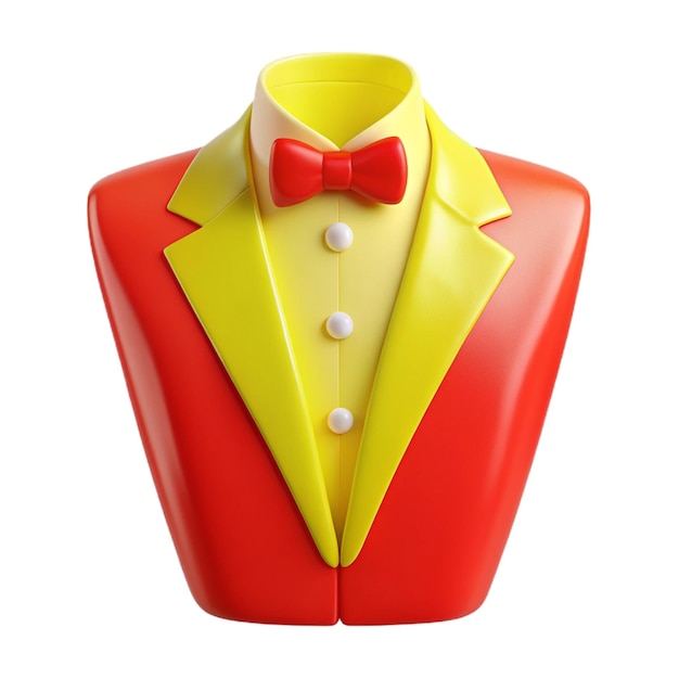 a red and yellow suit with a yellow bow tie on it