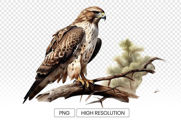 A Redtailed Eagle bird perched on a branch with a transparent background