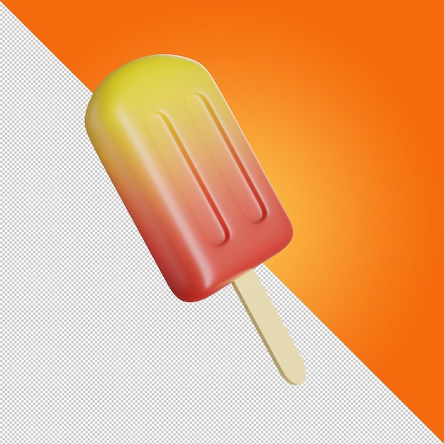 Redyellow ice cream on stick Fruit ice cream on wooden stick Frozen juice Summer cold dessert Popsicles Side view Ice cream icon 3d illustration 3d render