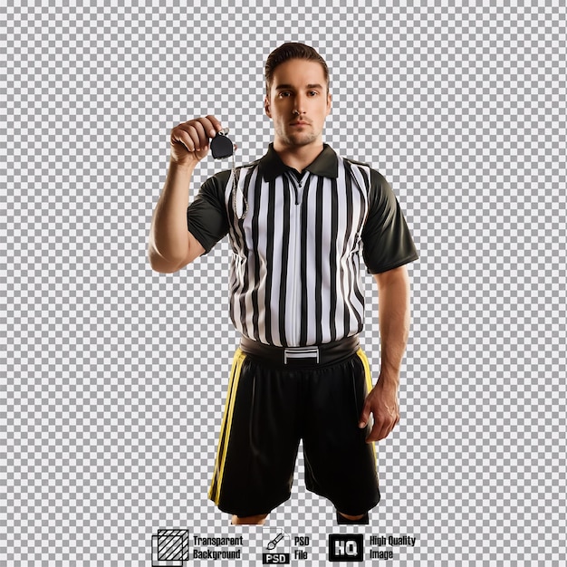 PSD referee in uniform holding a whistle standing and facing forward