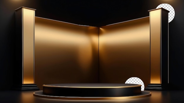 Refined Golden Black Round Podium Mockup with Golden Backdrop For Presentation Isolated PNG Object