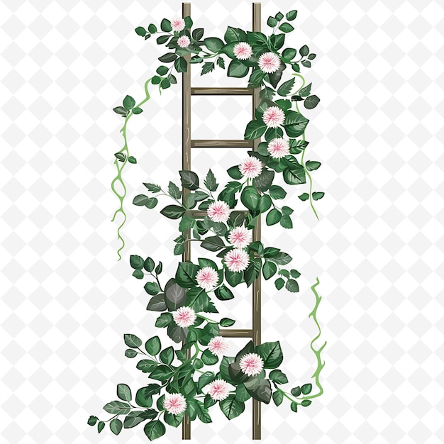 PSD refined ladder decorated with ivy and chrysanthemums leaves png natural inspired flat borderline