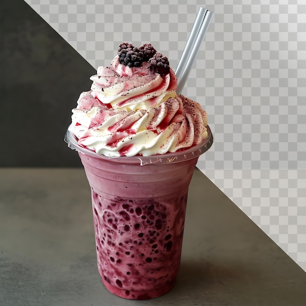 Refreshing Mulberry Frappe with Whipped Cream in Plastic Glass