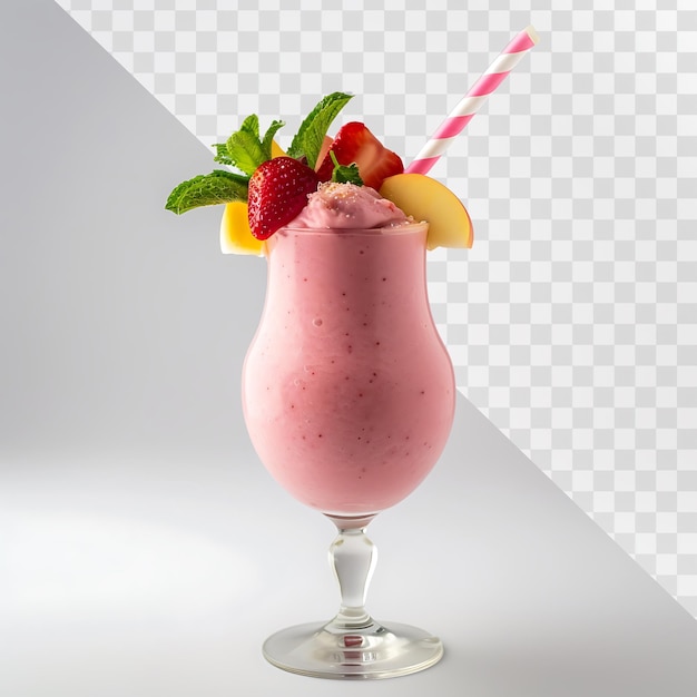 PSD refreshing pink smoothie with long stripy straw in cocktail glass