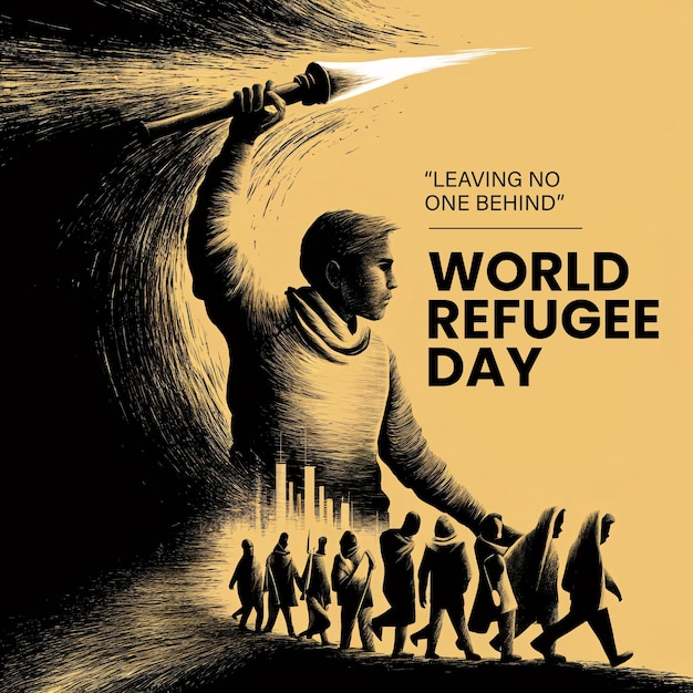 PSD a refugee holding a torch light world refugee day concept