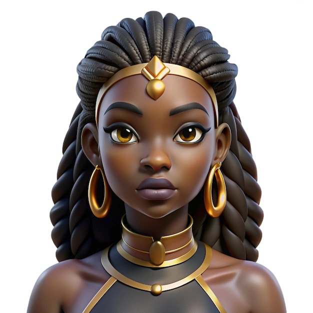 PSD regal 3d african woman with braided hair golden headpiece and expressive eyes stylized art on tra