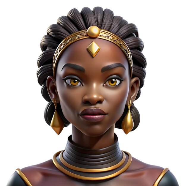 PSD regal 3d african woman with braided hair golden headpiece and expressive eyes stylized art on tra