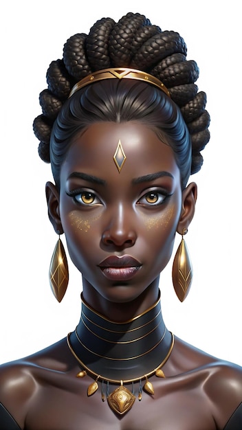 Regal 3D African woman with braided hair golden headpiece and expressive eyes Stylized art on tra