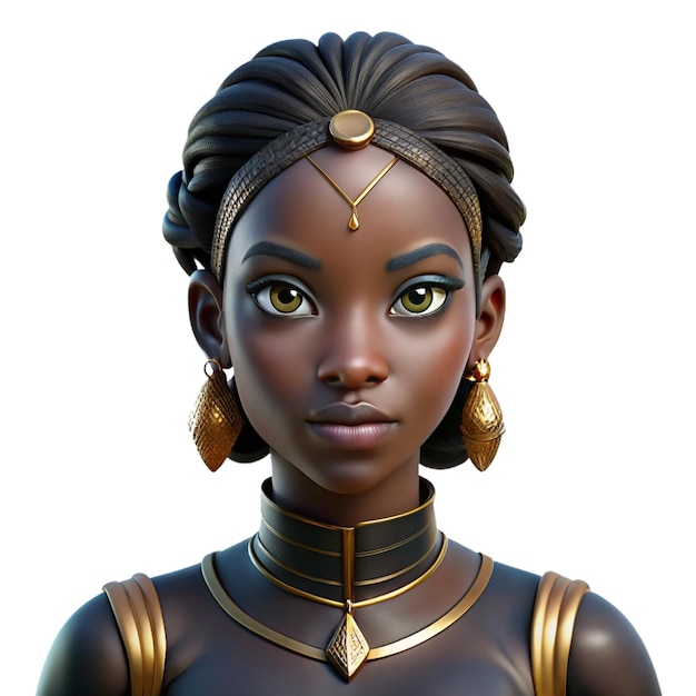 PSD regal 3d african woman with braided hair golden headpiece and expressive eyes stylized art on tra