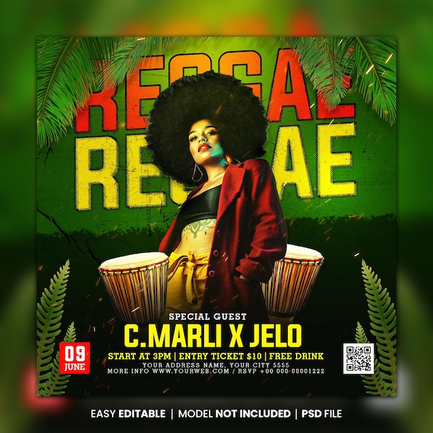 Reggae music flyer social media template