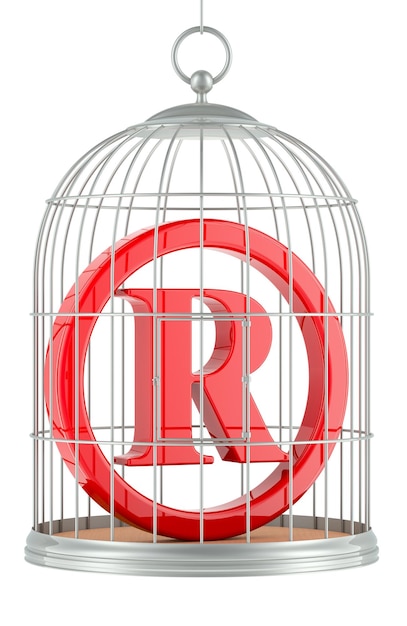 PSD registered trademark symbol inside bird cage 3d rendering isolated on transparent background