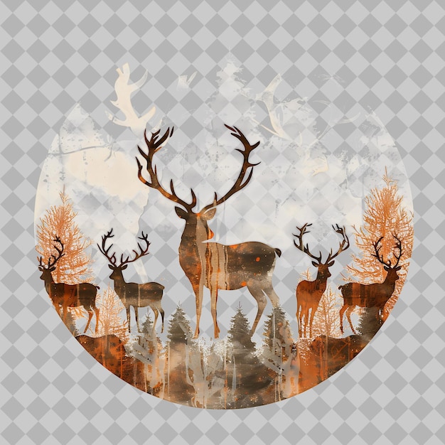 PSD reindeer inside a stylized antler silhouette taiga placed in png watercolor animal designs