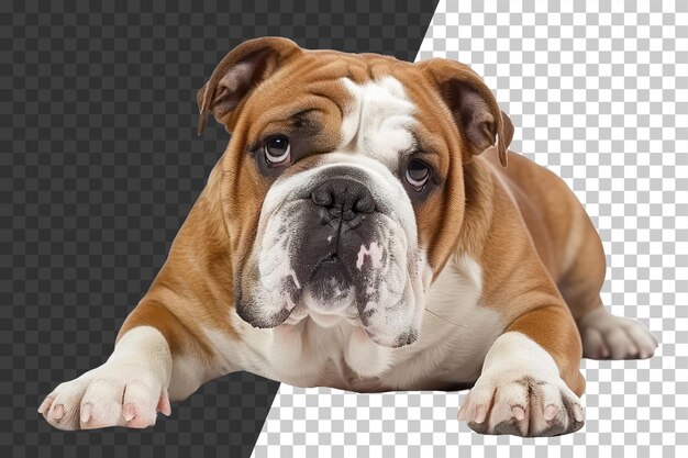 Relaxed bulldog lying down on transparent background stock png