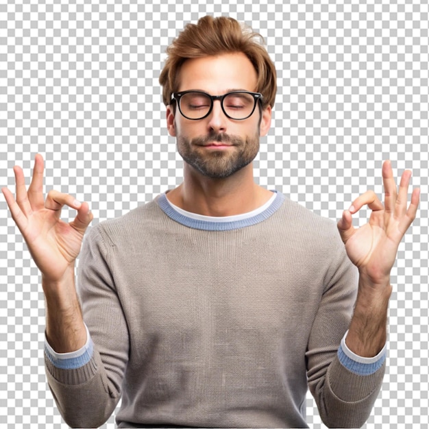 PSD relaxed unshaven european man stands in lotus posing on transparent background