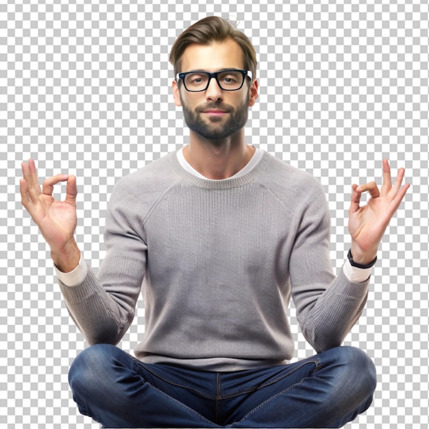 PSD relaxed unshaven european man stands in lotus posing on transparent background