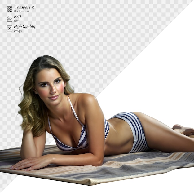 PSD relaxed woman in striped bikini lying on beach towel