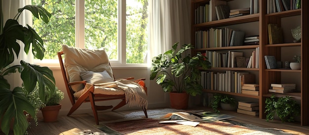 PSD relaxing living room with large window and bookshelf