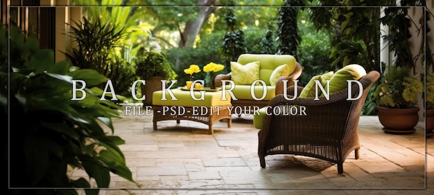 PSD relaxing patio furniture with wicker chairs and lush greenery