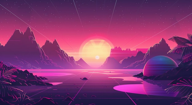 Releasing vaporwave sunset mountain landscape background or wallpaper