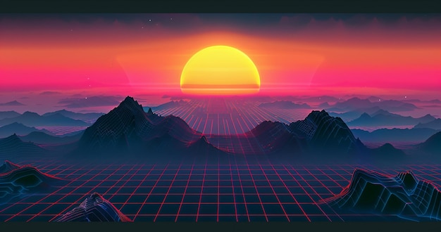 Releasing vaporwave sunset mountain landscape background or wallpaper