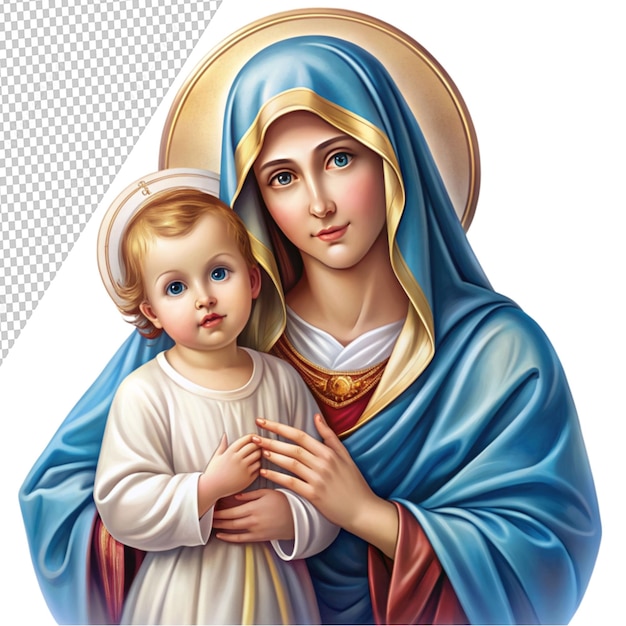 a religious illustration of virgin Mary and baby on transparent background