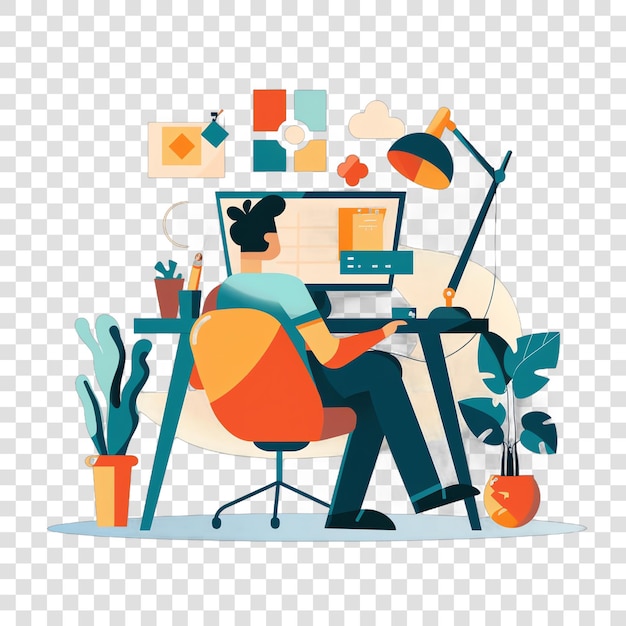 PSD remote work setup realistic photo isolated on transparent background