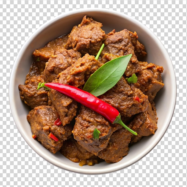 Rendang on white bowl top view white background