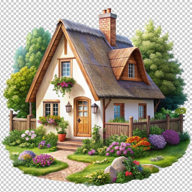 PSD render of a cozy cottage in the countryside isolated on transparent background