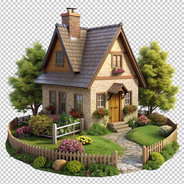 PSD render of a cozy cottage in the countryside isolated on transparent background