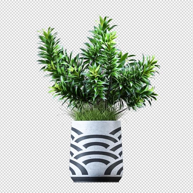 Render of isolated plant metal pot isometric front view transparent