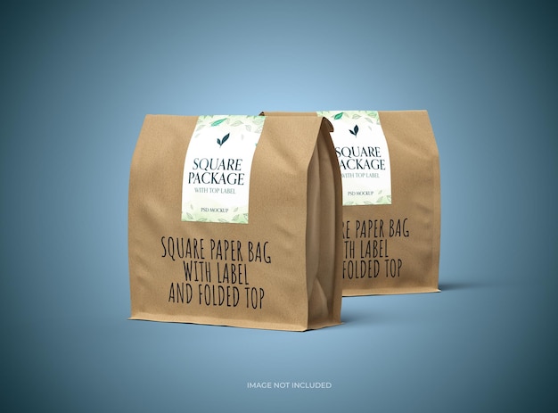 PSD rendered mockup for a square paper bag with folded top and label