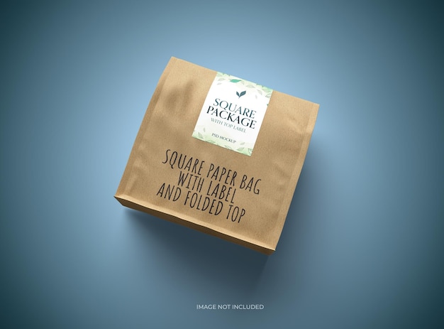 PSD rendered mockup for a square paper bag with folded top and label