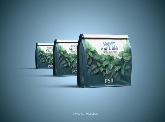 PSD rendered mockup for a square paper bag with folded top and label