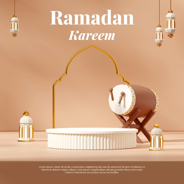 rendering 3d empty scene white cylinder podium in square bedug and arabian lamp ramadan kareem