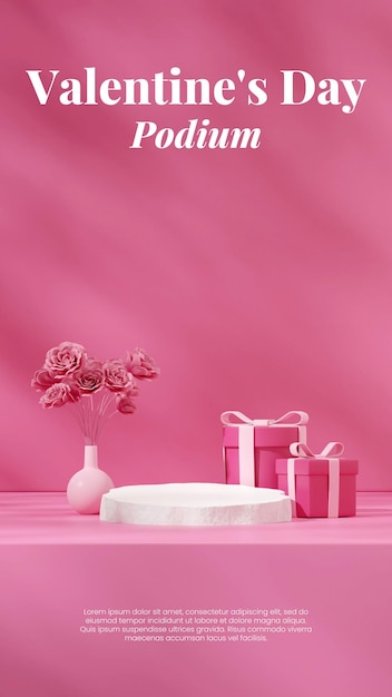 rendering 3d template mockup white stone texture podium in portrait pink rose and gift box