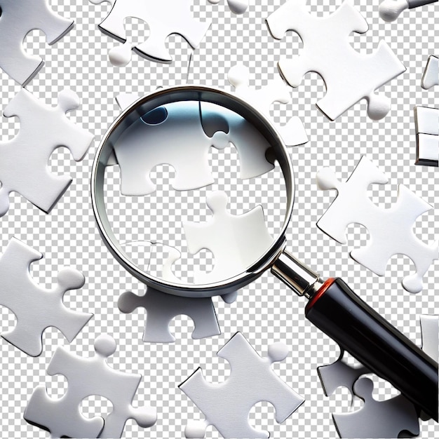 PSD rendering illustration of jigsaw puzzle pieces with magnifying glass