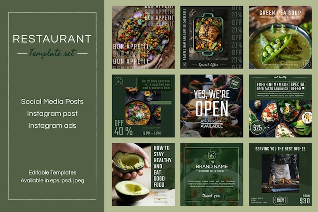 PSD restaurant business template psd set for social media post