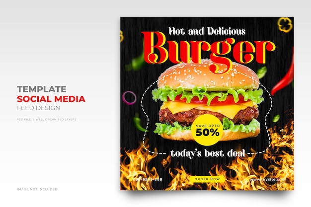 Restaurant delicious burger and food menu social media post banner Instagram feed template