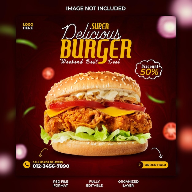 Restaurant Delicious burger promotion and food menu social media instagram post banner design